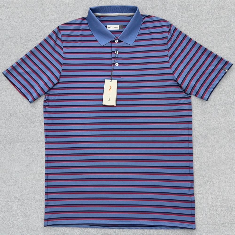 KJUS Polo Shirt Men's Small (48) Blue Red Luis Multi Stripe Performance Golf NWT